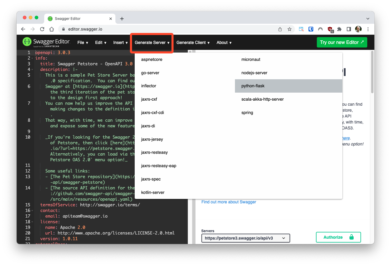 Generate Server option in Swagger Editor