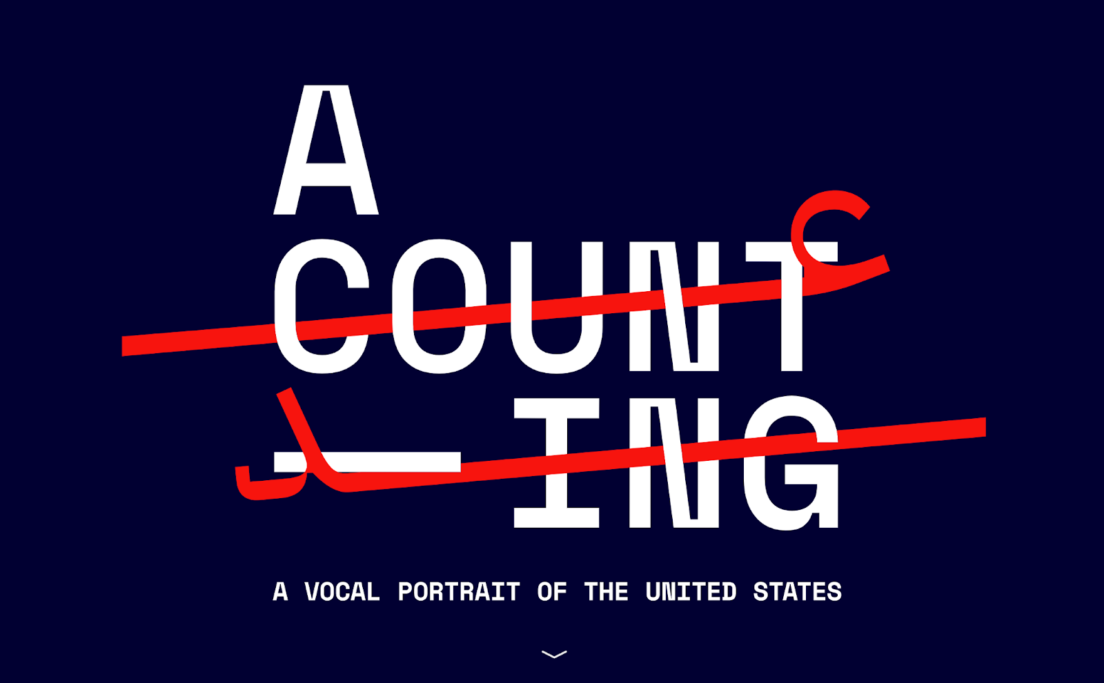 A title image that says A Counting with a thread running through it with the subtitle "A vocal portrait of the united states"