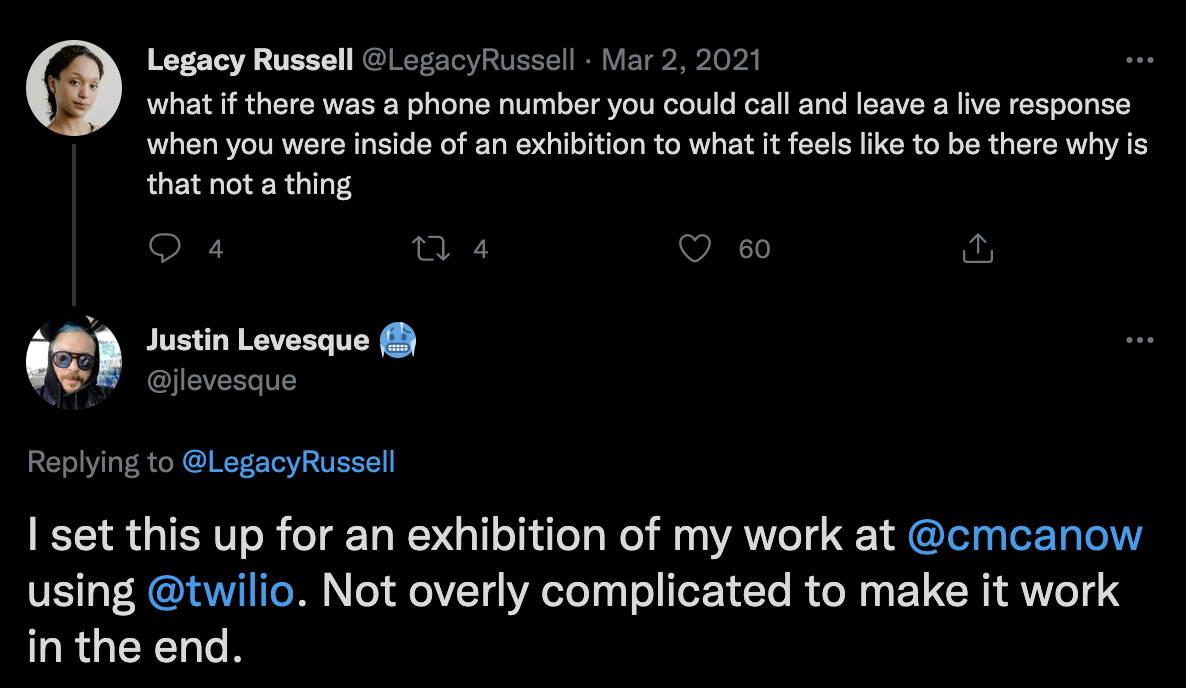 A screenshot of a tweet from Justin Levesque where he talks about setting up a Twilio build for his art exhibition.