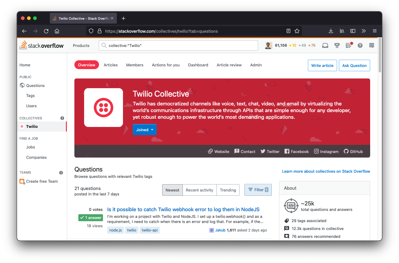 A browser view of the Twilio Collective. There's a banner describing Twilio and underneath, recent questions about Twilio