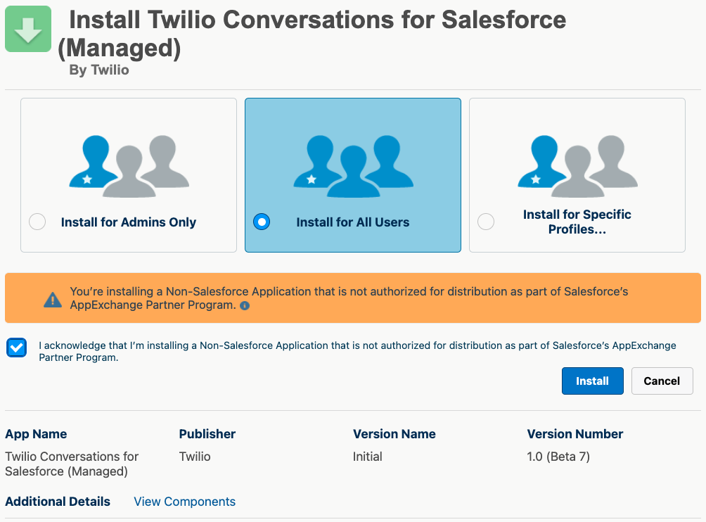 Install screen for Twilio Conversations for Salesforce