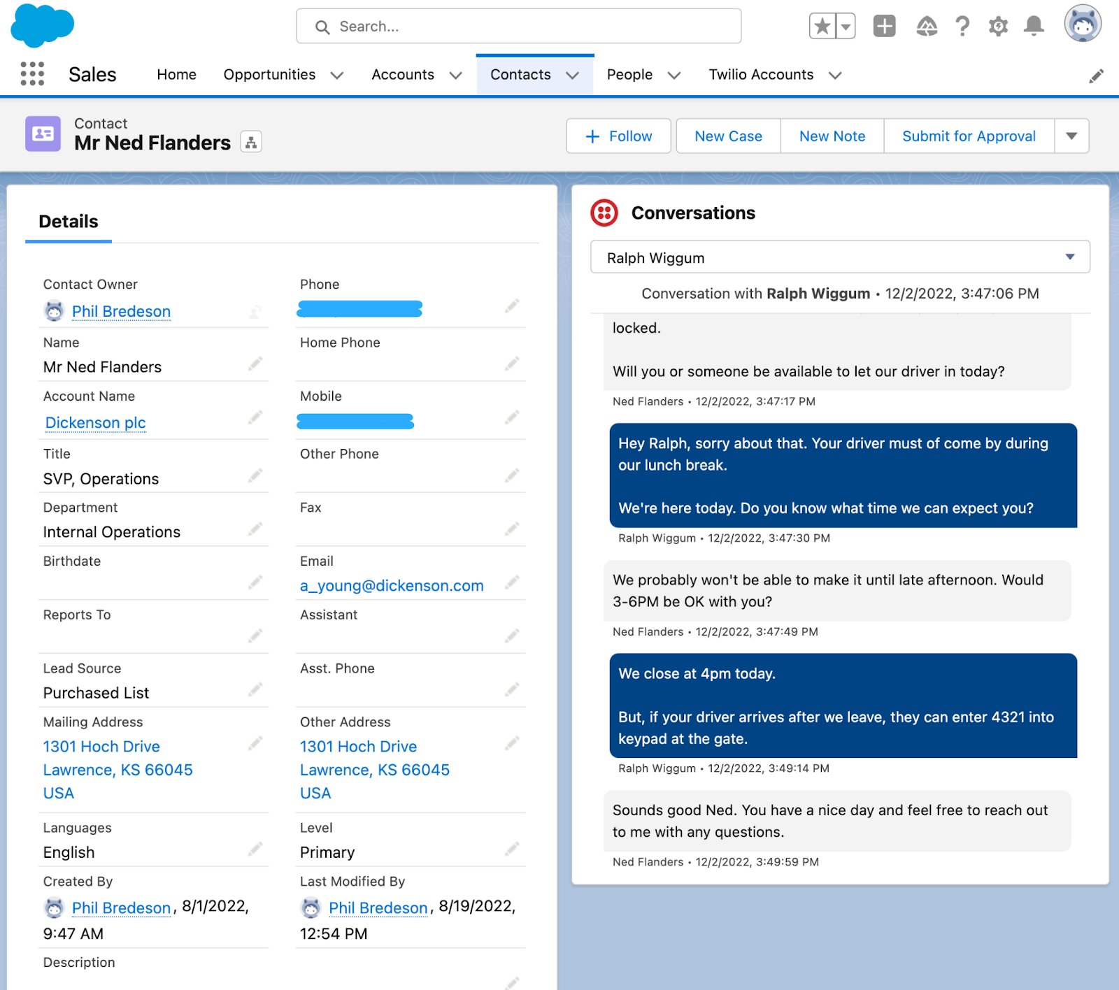 Screenshot of Twilio Conversations inside Salesforce