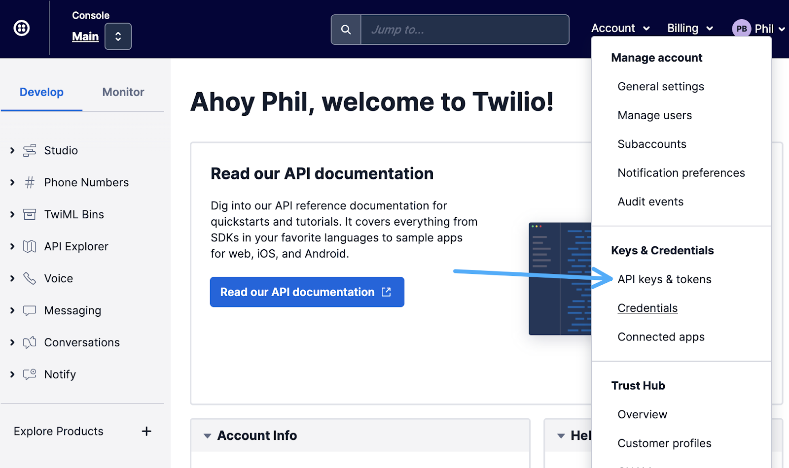 API Keys & Tokens in the Twilio Console