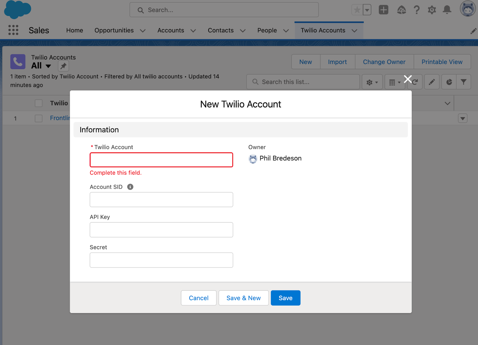 Where to enter your Twilio credentials in Salesforce