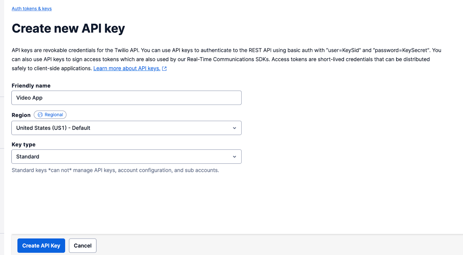 Create a new Twilio API key form