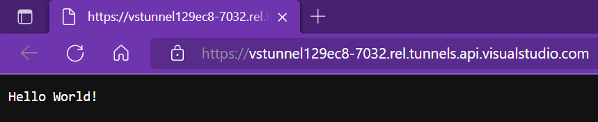 Browser with public tunnel URL in the URL bar. The URL ends with "rel.tunnels.api.visualstudio.com". The web page says "Hello World!".
