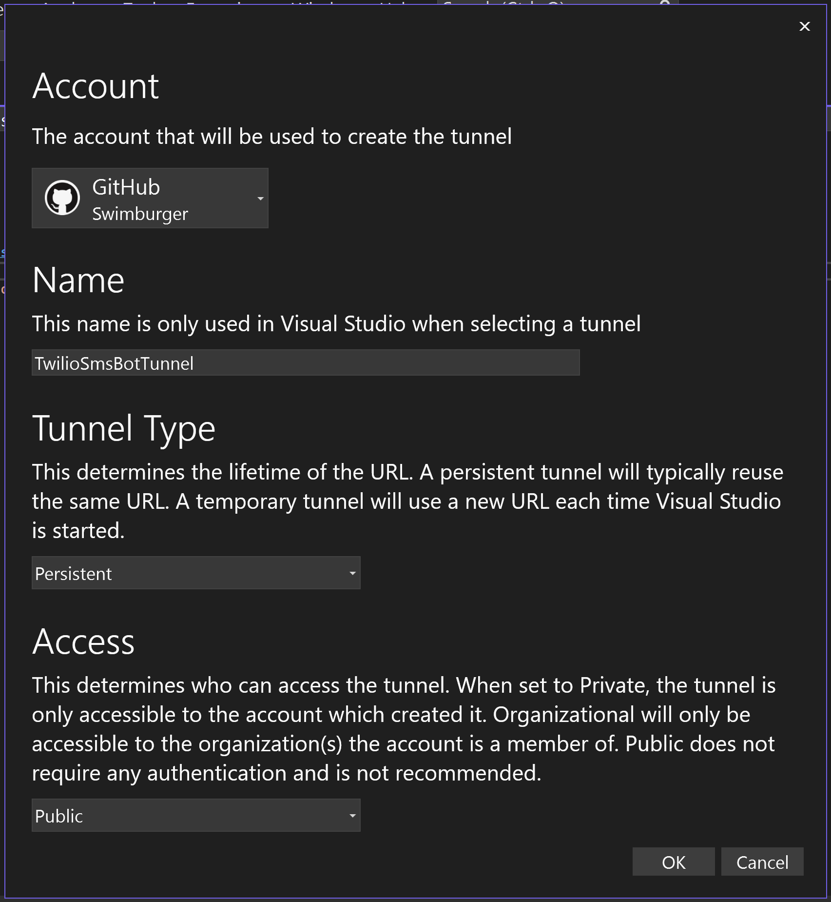 Dialog with form to create dev tunnel. The form asks for the account to create the tunnel for, in this case a GitHub account, a name for the tunnel, the type which is set to Persistent, and the access level which is set to Public.