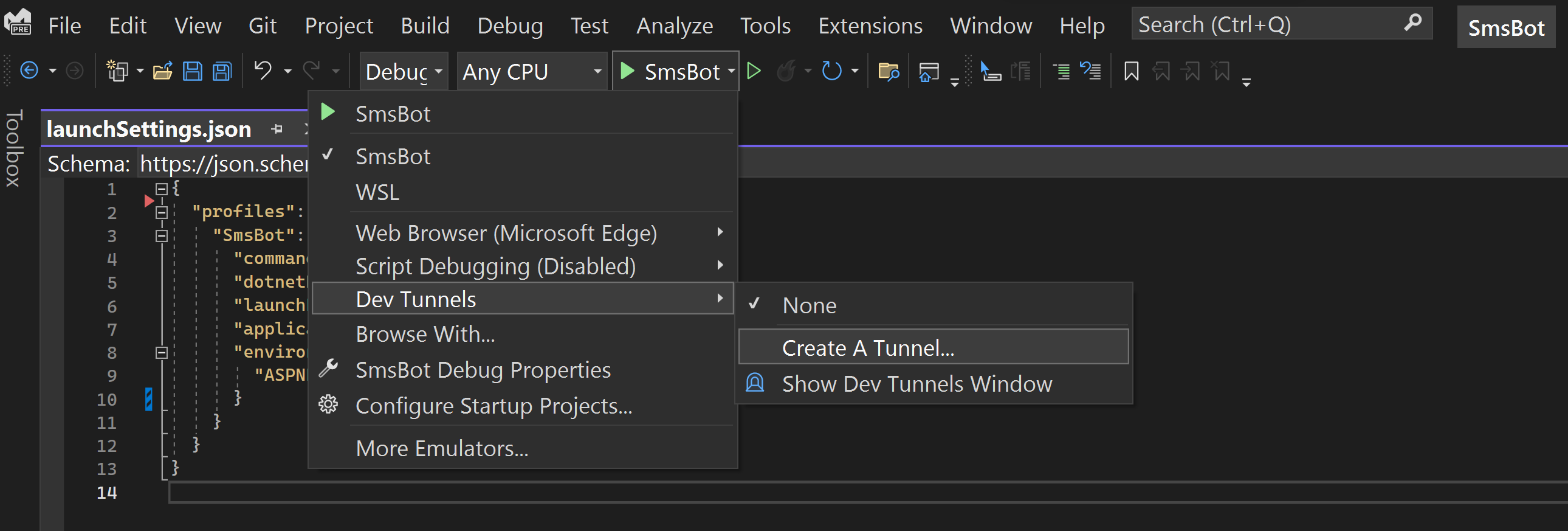 Visual Studio Debug dropdown menu containing a Dev Tunnels subitem with a fly out menu showing three menu items: None (active the tunnel), Create A Tunnel..., and Show Dev Tunnels Window.