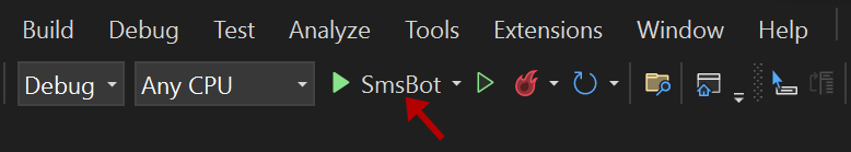 Visual Studio top toolbar with green play arrow next to the project name "SmsBot". 