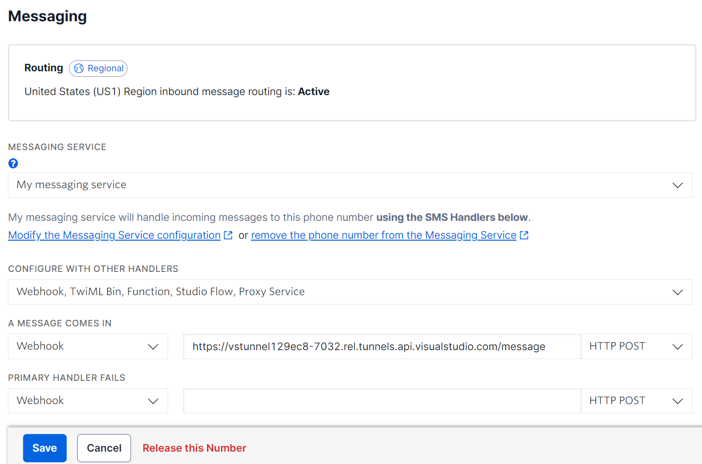 Twilio Phone Number Messaging form. There"s a label "A MESSAGE COMES IN" with a dropdown underneath set to "Webhook". Next to the dropdown is a text field set to the Visual Studio tunnel URL, suffixed with /message. Next to the text field is another dropdown, which is set to "HTTP POST".