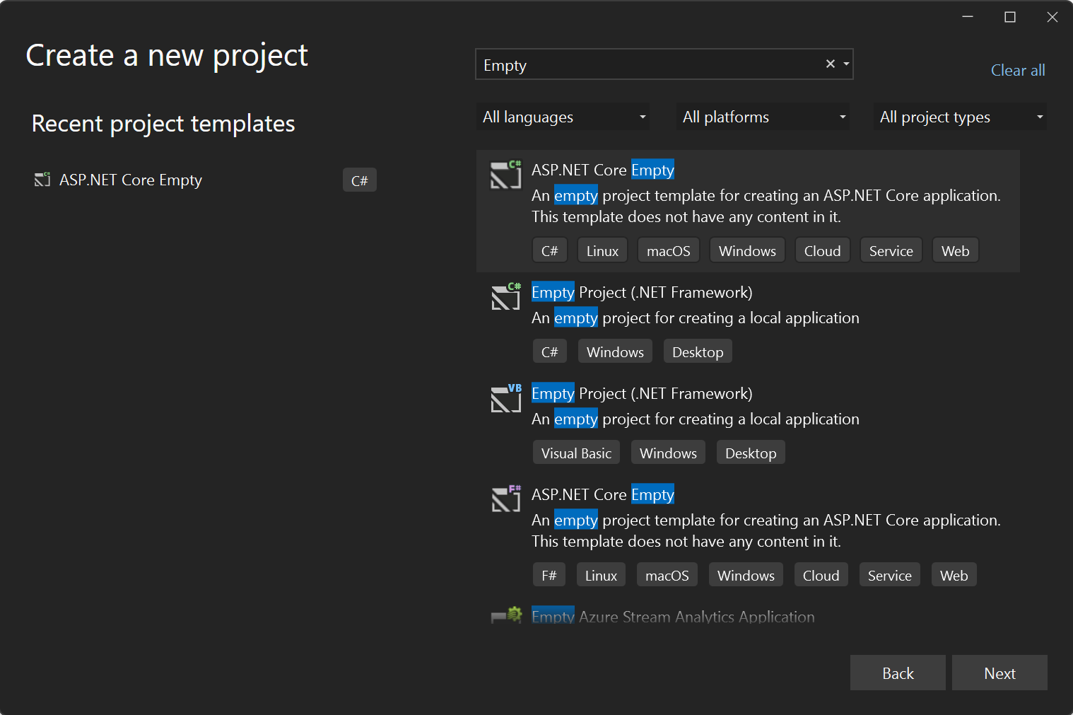 Visual Studio "Create a new project" dialog. This dial lists different project templates and the user is searching "Empty" and selected "ASP.NET Core Empty" project.