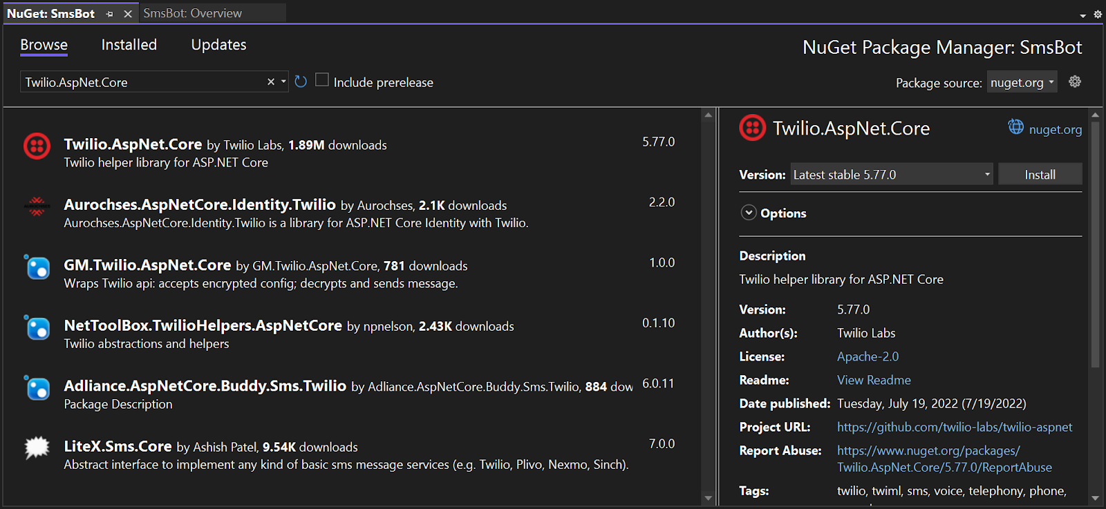 NuGet Package Manager window in Visual Studio searching for "Twilio.AspNet.Core". The "Twilio.AspNet.Core" package is selected and an install button is shown.