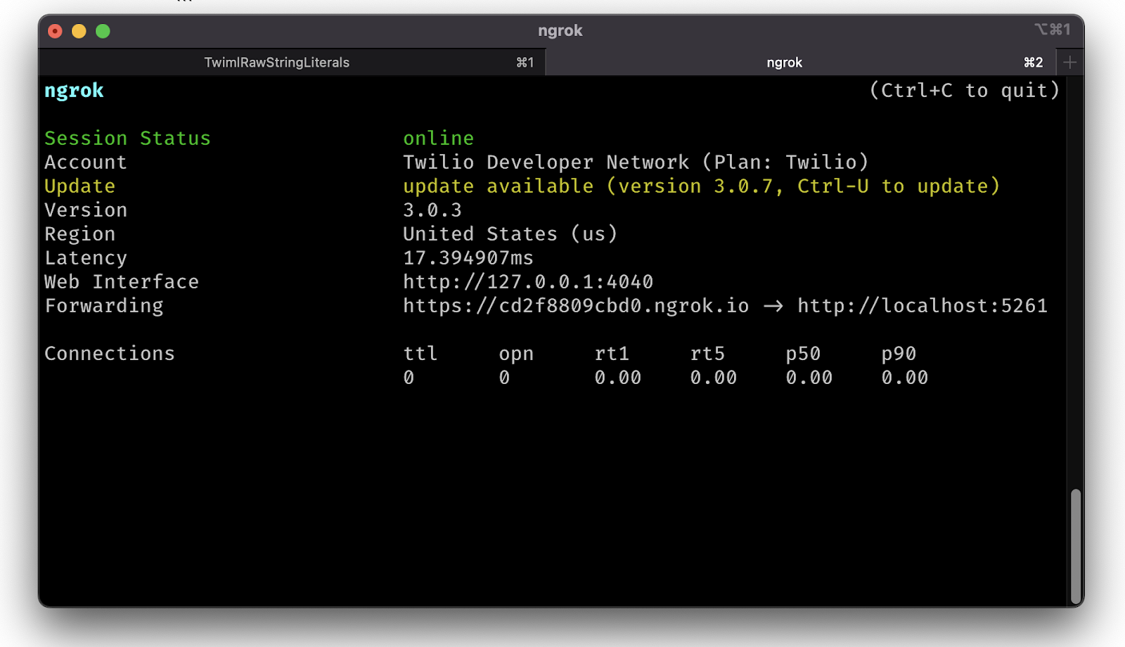 ngrok http command output showing information about the secure tunnel, most importantly the public forwarding URLs