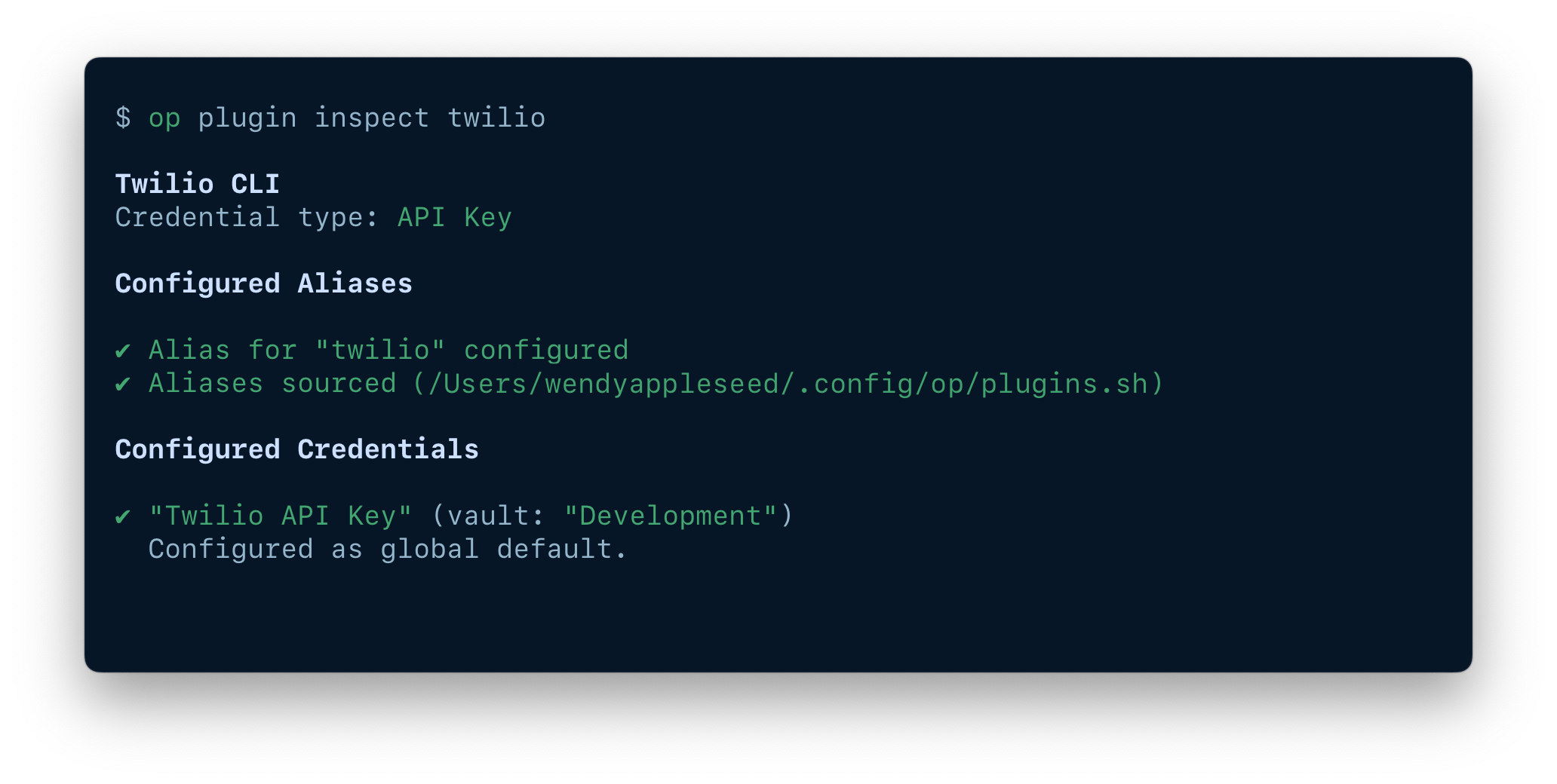 op plugin inspect twilio list of configured credentials