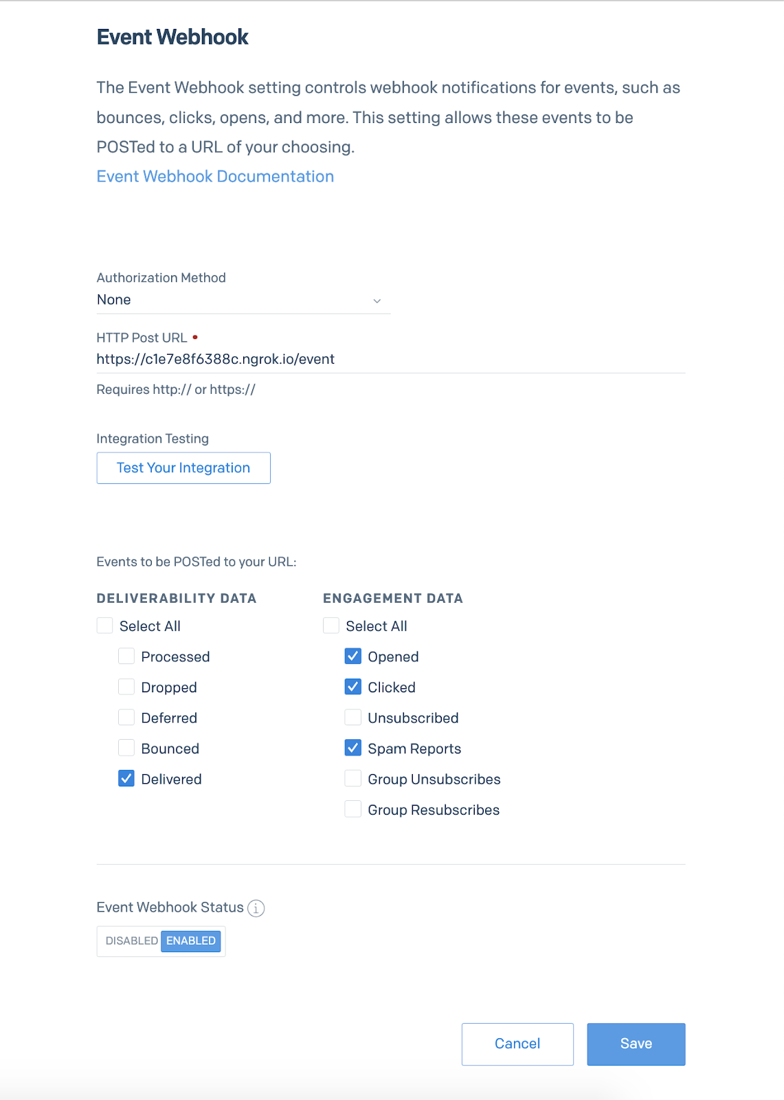 Setting your ngrok URL and selecting which delivery and engagement events you want to receive webhook requests for