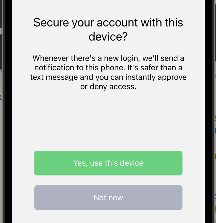 phone screen asking "secure your account with this device" with yes and no buttons