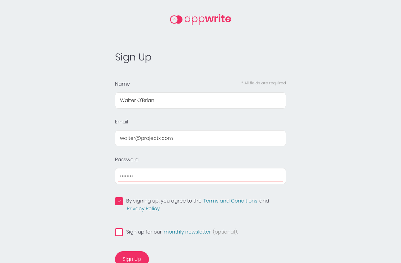Appwrite sign up page