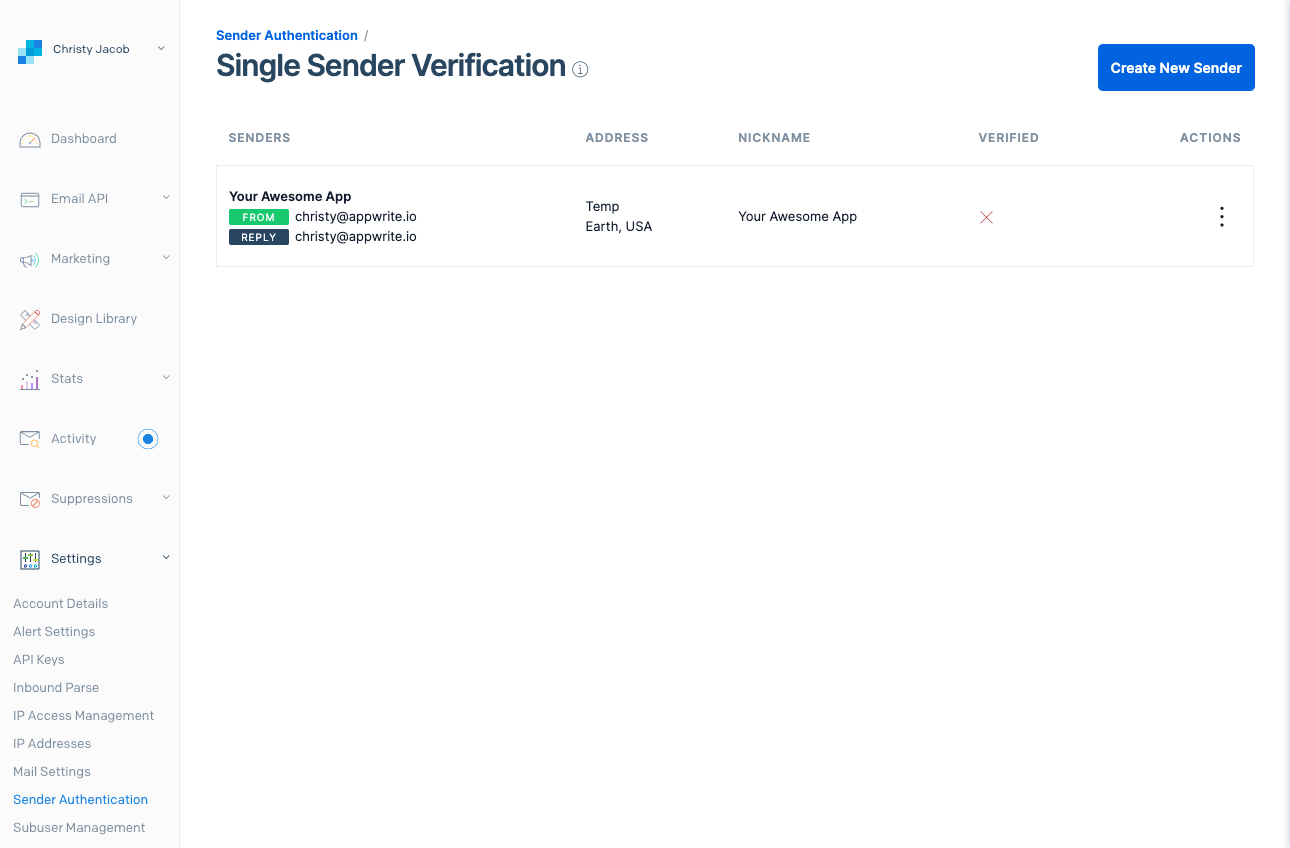 Single sender verification menu on sendgrid dashboard