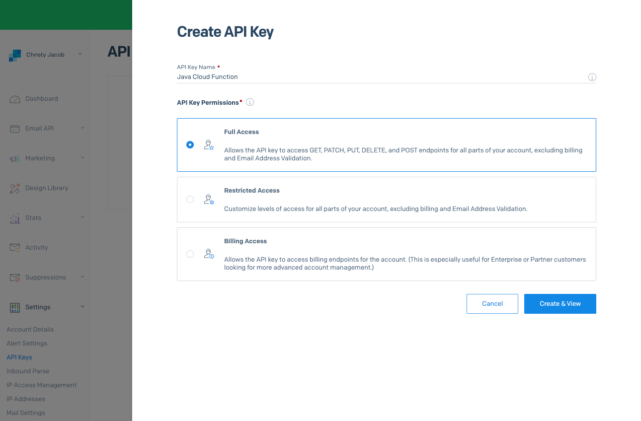 create API key section in sendgrid