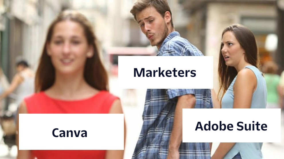 Distracted boyfriend meme with Marketers looking at Canva and ignoring Adobe Suite