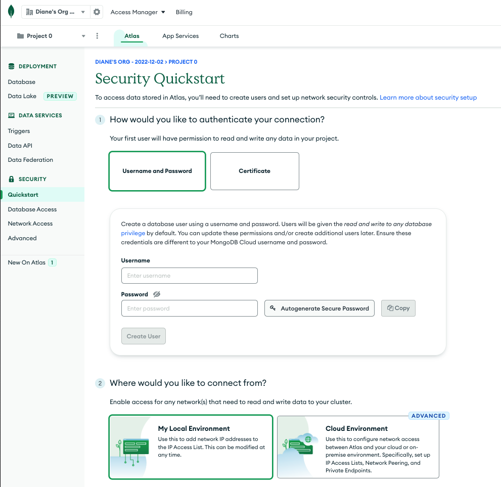 Screenshot from MongoDB atlas for Security Quickstart page where user creates username and password