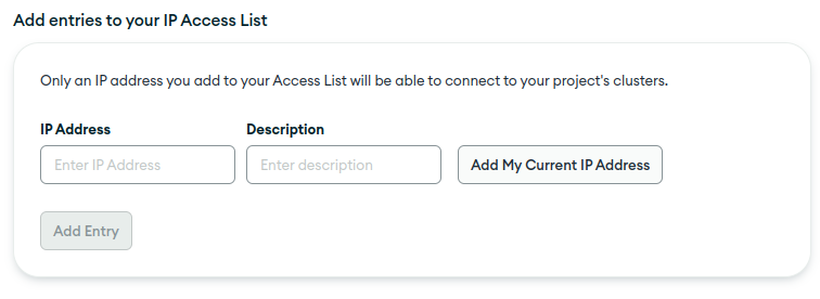 Screenshot from MongoDB Atlas security quickstart page where user adds IP address to get cluster access