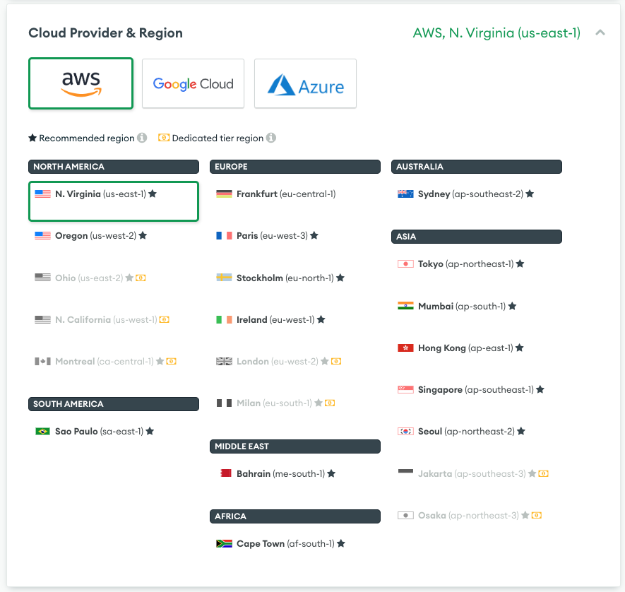 Screenshot from MongoDB Atlas explaining which region and provider to select when creating a shared cluster