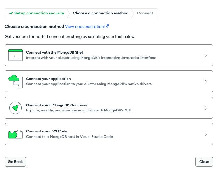 Screenshot from MongoDB Atlas mentioning various methods to get access to mongodb cluster