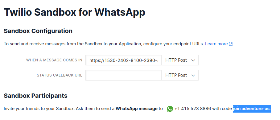 Twilio Sandbox console screenshot