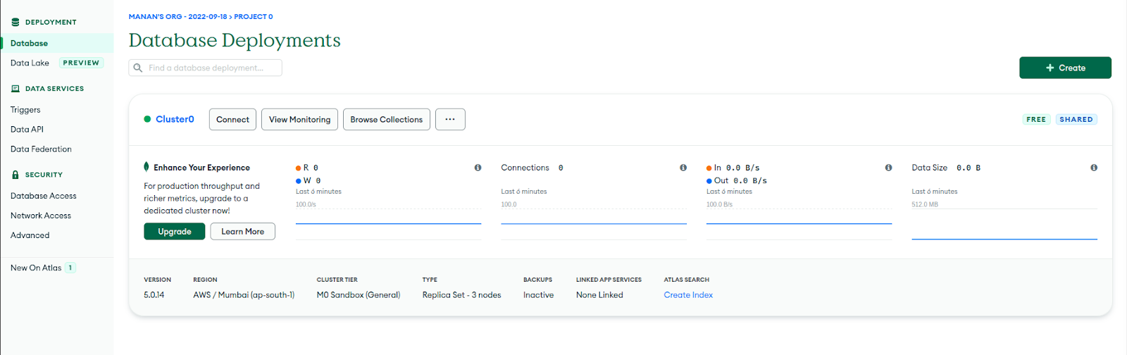 Screenshot from MongoDB atlas for Databse section under deployments dashboard