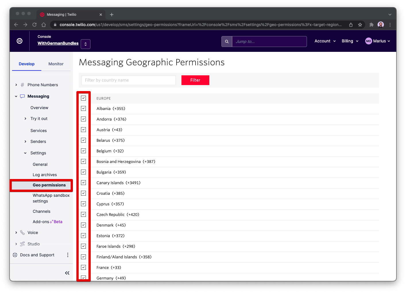 Seite zum Anpassen der SMS-Geo-Berechtigungen