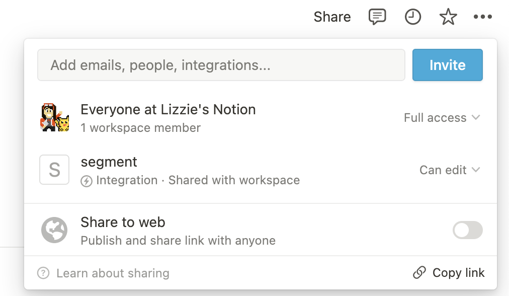 share/add emails, people, integrations