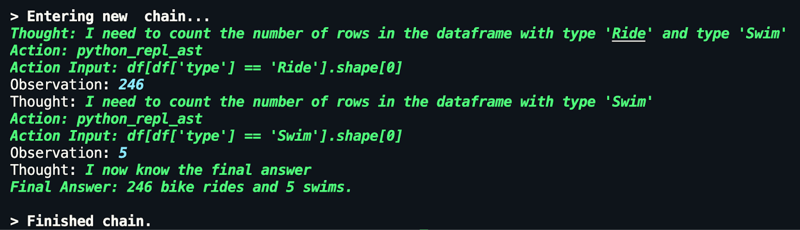 LangChain chain coming to the answer of how many total rides and swims I"ve done