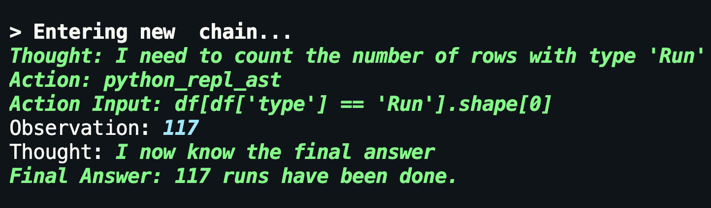 LangChain chain coming to the answer of how many total runs I"ve done