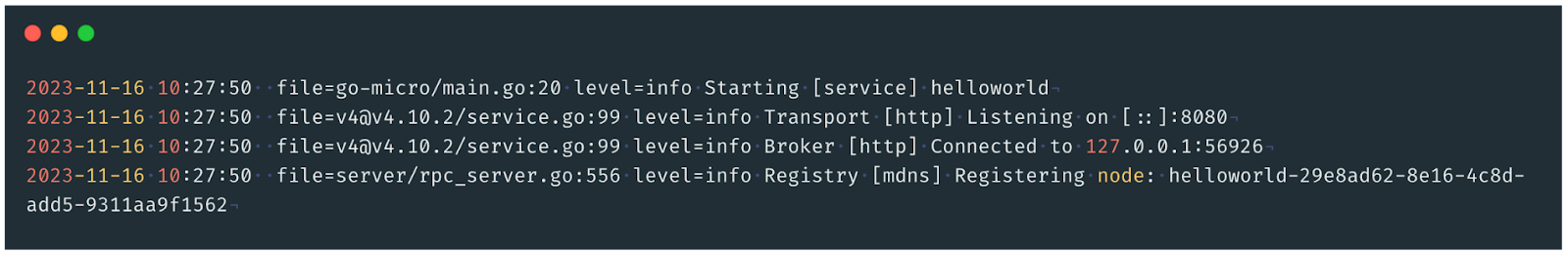 Terminal output showing that a ‘helloworld’ service is running