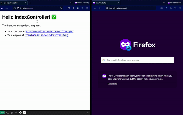 The Symfony application is running, on the left hand side, with the Web Console open at the bottom. The Mercure Hub server is running on the right hand side. As requests are made to the Mercure app, new messages are written to the Web Console in the Symfony application window.
