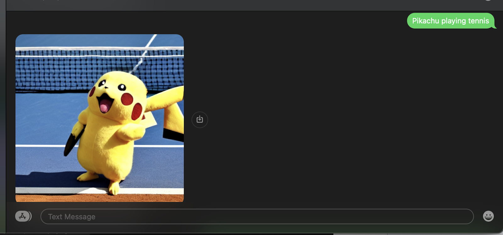 Another SMS example where I texted in "pikachu playing tennis" and the image returned is of Pikachu on a tennis court