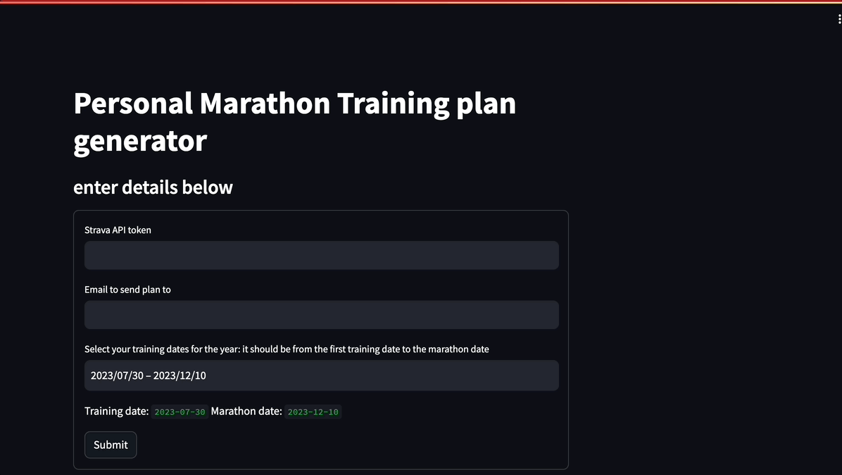 gif of Streamlit app where I input my email to receive the AI-generated marathon training plan, set the date I want to start training on and the marathon race date