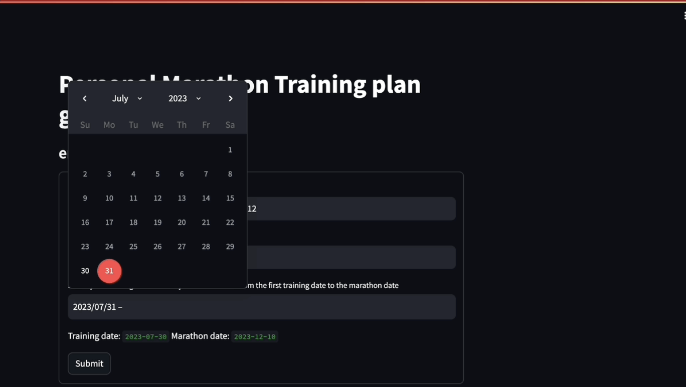 gif of Streamlit app where I input my email to receive the AI-generated marathon training plan, set the date I want to start training on and the marathon race date