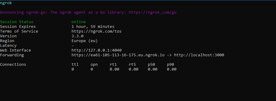 terminal showing ngrok tunnel info after creating a tunnel