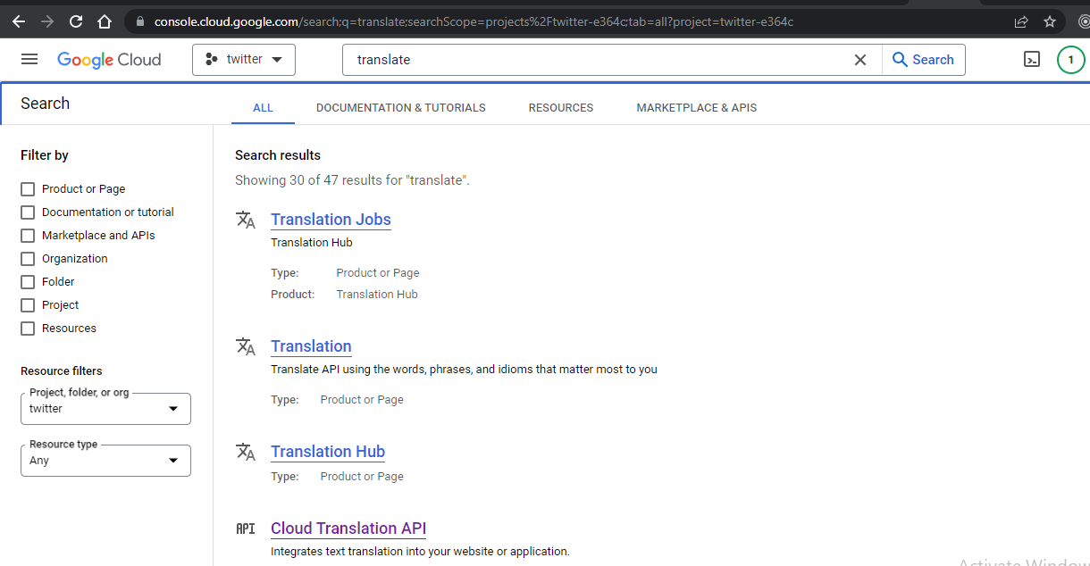 Google cloud console showing Cloud Translation API after searching "translate" in search bar
