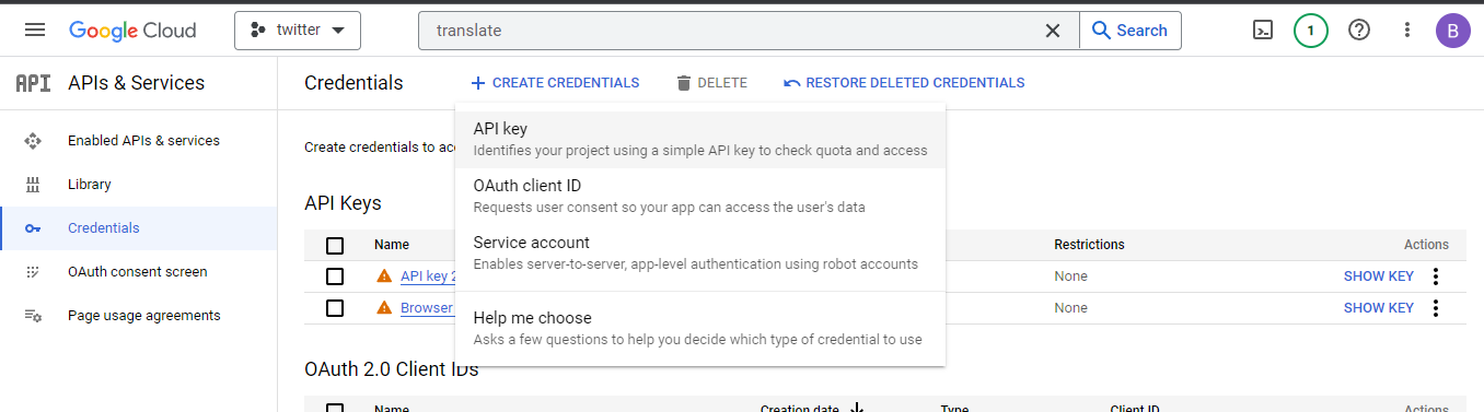 Google Cloud Console showing API key creation