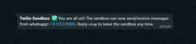 Whatsapp message showing the sandbox is connected
