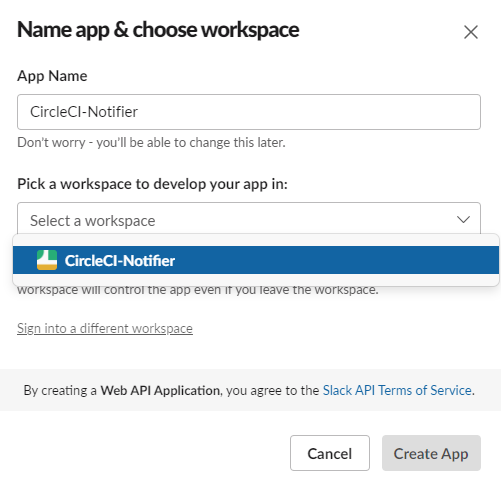 Screenshot displaying the app creation process, here it shows the name of my app and the workspace where the app will be installed
