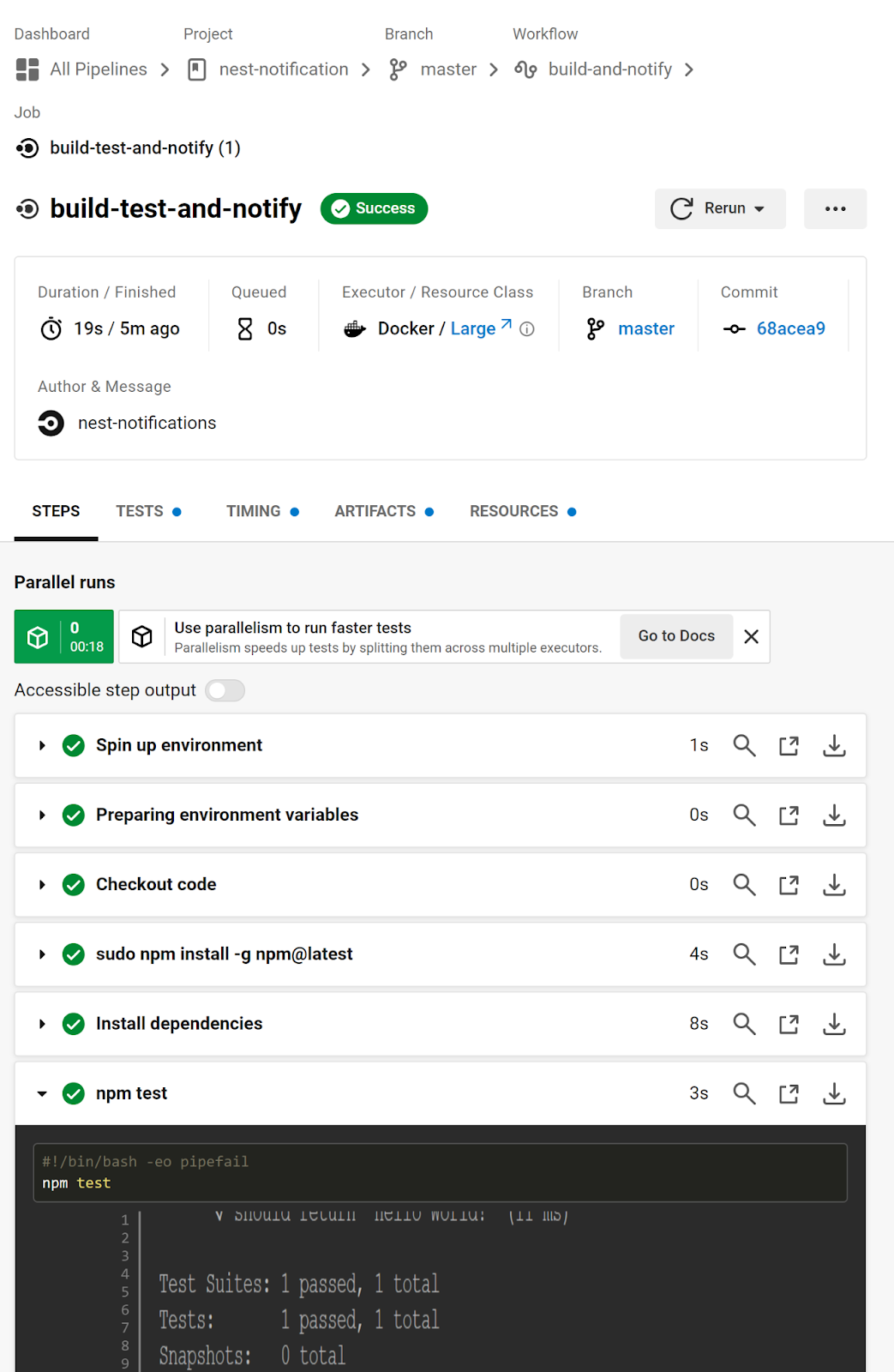 Screenshot showing full details of the build-and-notify workflow in CircleCI