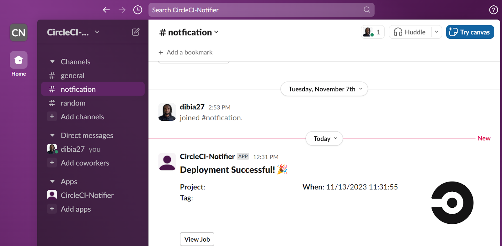 Screenshot of successful deployment message in Slack channel for a successful CI build