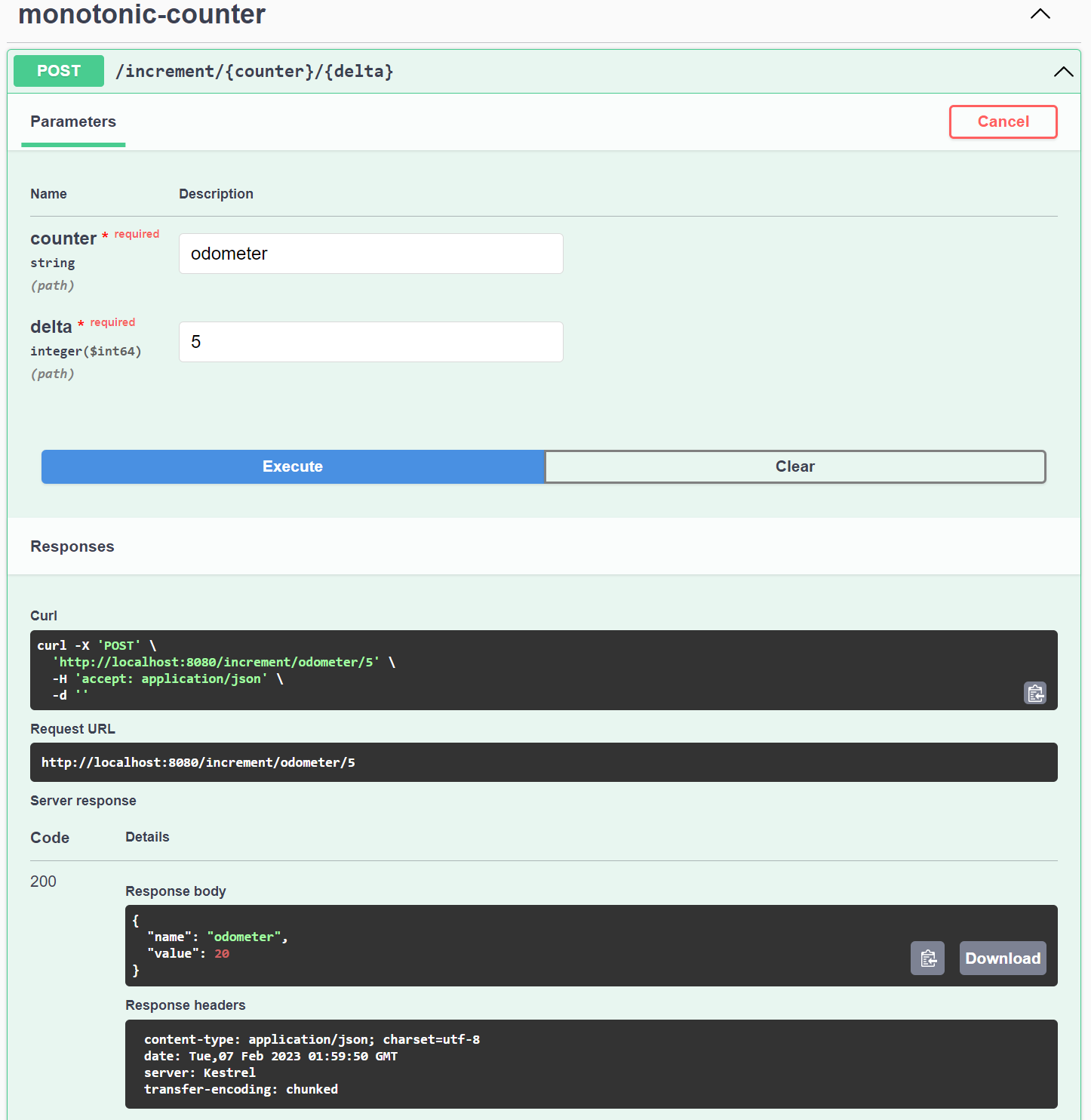 Swagger UI of the Monotonic Counter service. The user is sending an HTTP POST request to /increment/{counter}