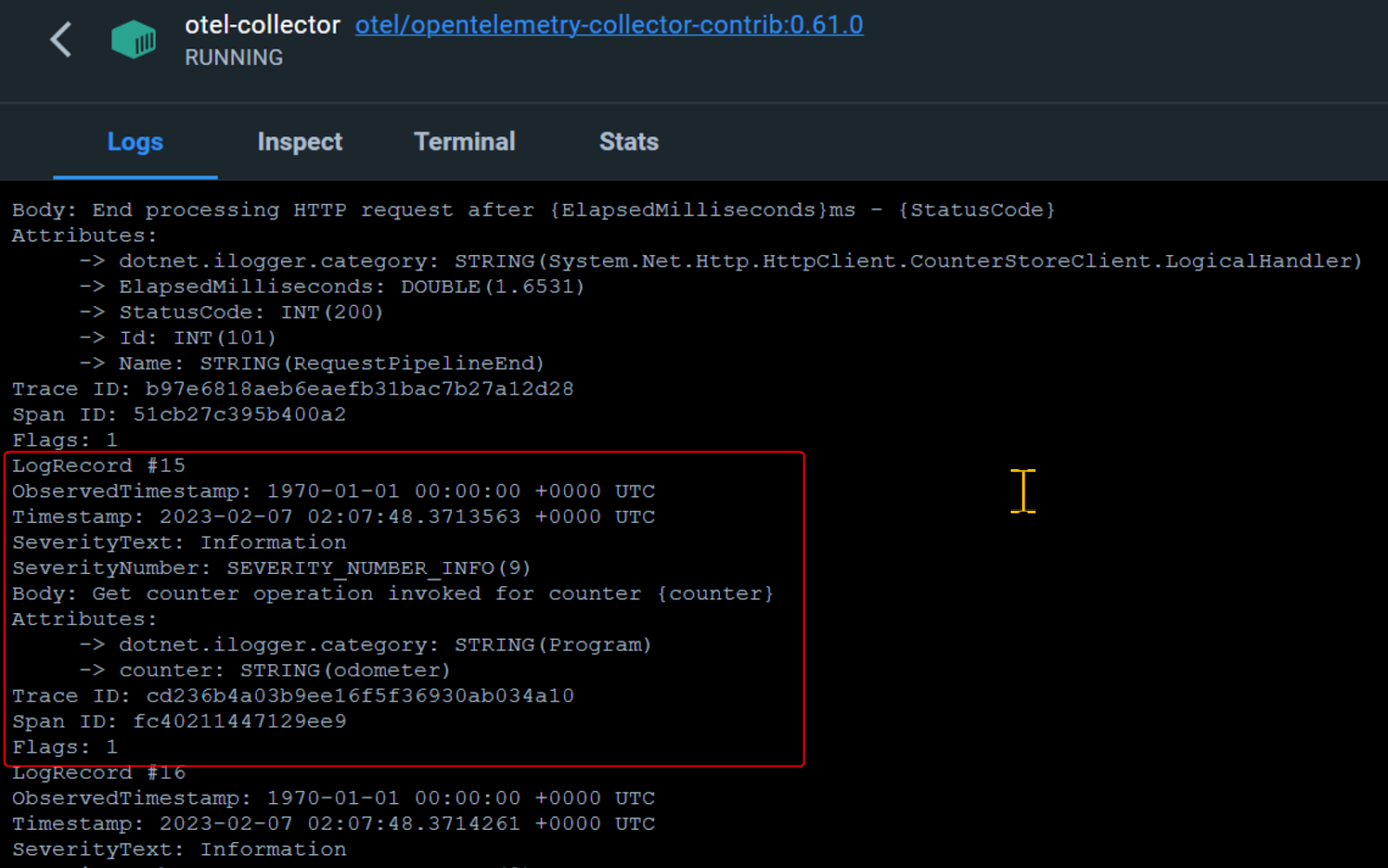 Structured log from the Monotonic counter application on Docker Desktop
