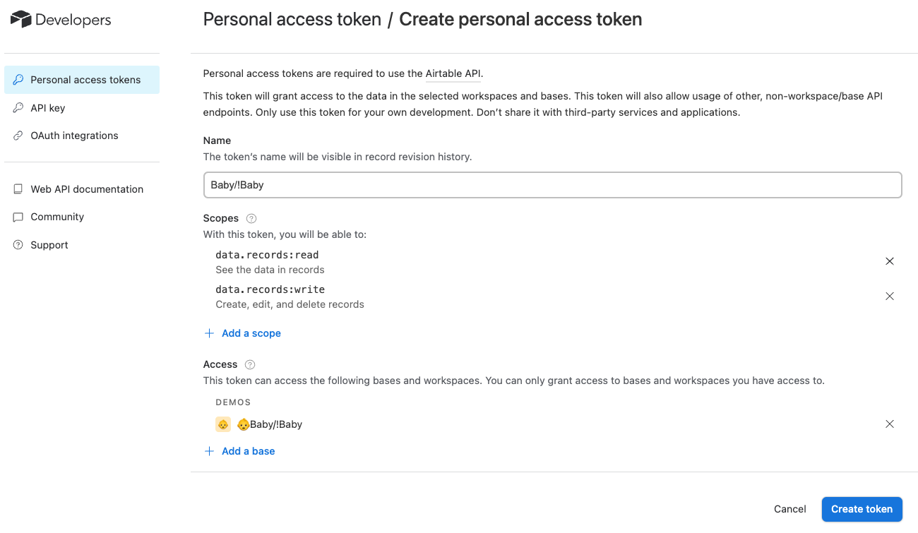 Creating Personal Access Token in Airtable