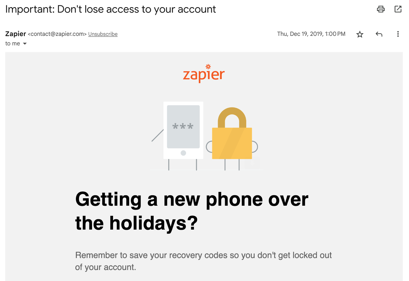 zapier recovery email reminder with headline "getting a new phone over the holidays?"